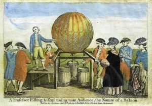 Una "lezione " sul pallone aerostatico in una stampa inglese di fine XVIII secolo