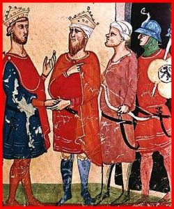 L'imperatore Federico II di Svevia (a sinistra) incontra il sultano al-Malik al-Kāmil (a destra)