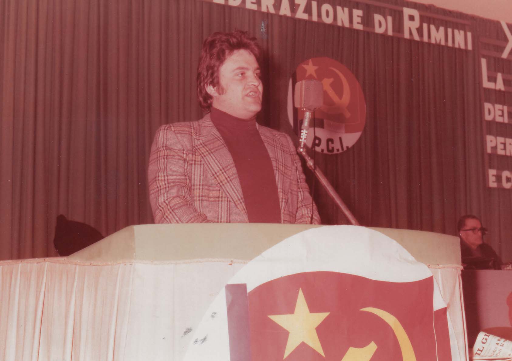 1 marzo 1975. Rimini, Fiera. 10° Congresso della Federazione PCI Rimini. Al palco Mauro Spadoni