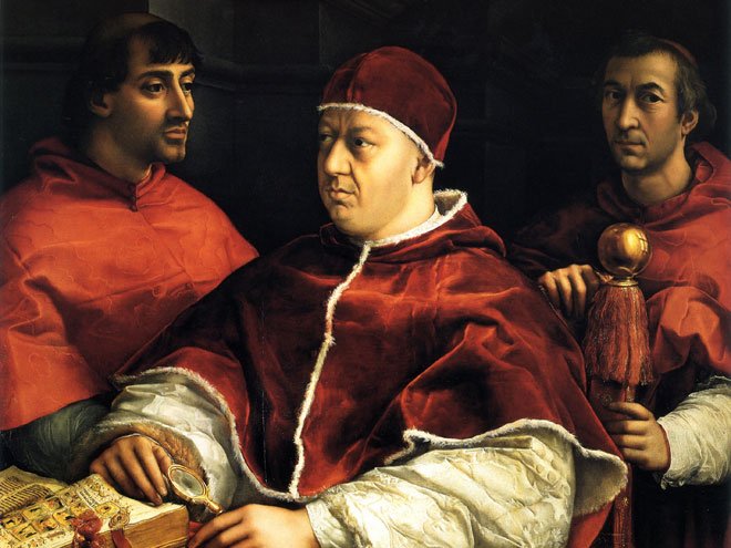 Raffaello, ritratto di Papa Leone X con i Cardinali Giulio de' Medici e Luigi Rossi