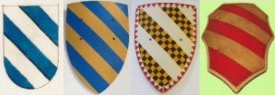 Da sinistra: gli stemmi di Carpegna, Montefeltro, Malatesta, Della Faggiola